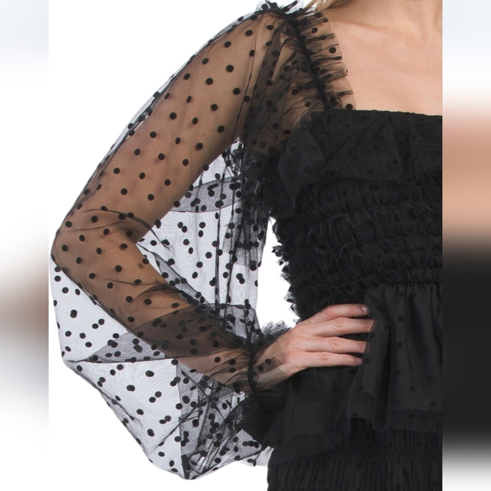 dRa Women's Black Long Sleeve Burnout Velvet Polka Dot Tiered Top - Picture 4 of 5